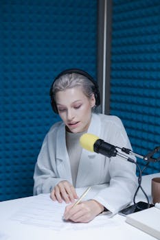 A Woman in White Blazer with a Black Headphones Writing on a Desk with Microphone